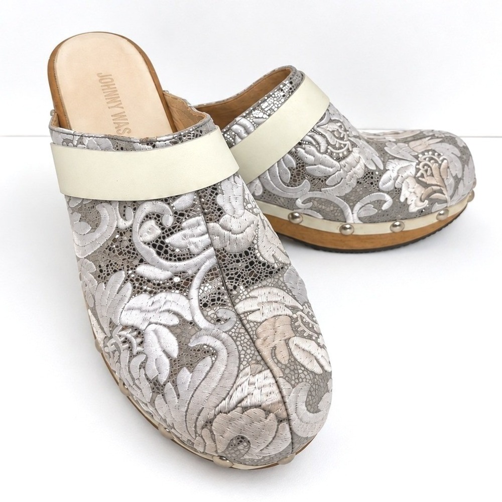 Johnny Was Dormi Silver Floral Embroidered Leather Clogs Women's EU 42, US 11